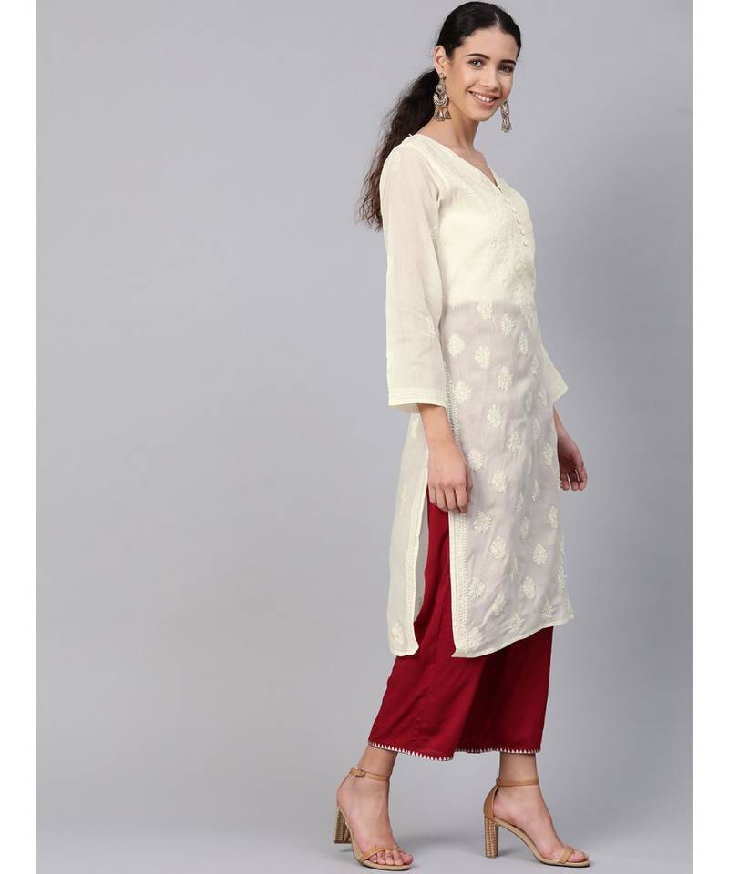 Hand Embroidered Cream Cotton Lucknowi Chikan Women Kurta