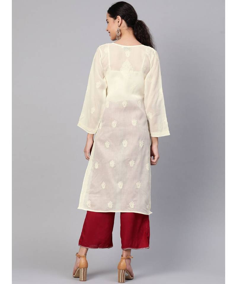 Hand Embroidered Cream Cotton Lucknowi Chikan Women Kurta