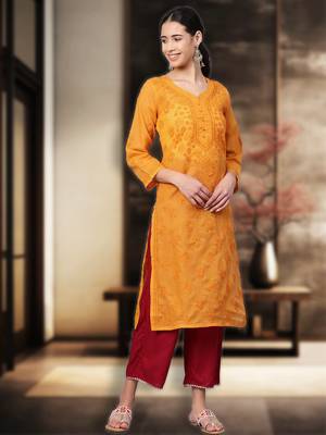 Hand Embroidered Mustard Cotton Lucknowi Chikan Women Kurta 1