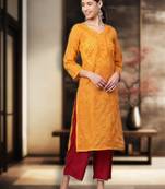 Hand Embroidered Mustard Cotton Lucknowi Chikan Women Kurta