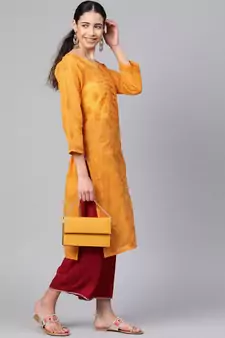 Hand Embroidered Mustard Cotton Lucknowi Chikan Women Kurta