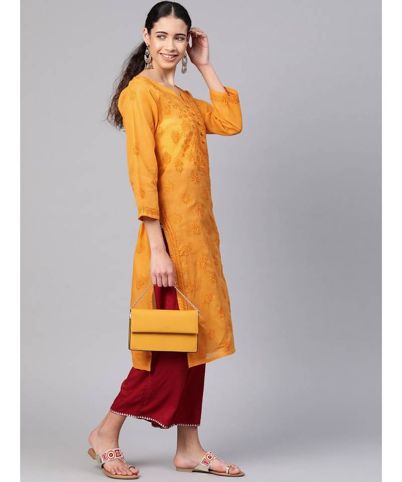 Hand Embroidered Mustard Cotton Lucknowi Chikan Women Kurta