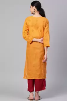 Hand Embroidered Mustard Cotton Lucknowi Chikan Women Kurta