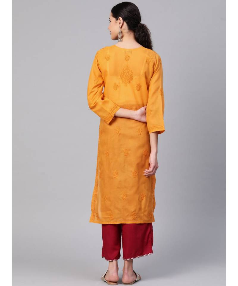 Hand Embroidered Mustard Cotton Lucknowi Chikan Women Kurta