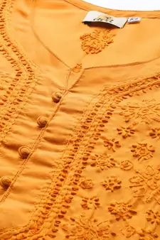 Hand Embroidered Mustard Cotton Lucknowi Chikan Women Kurta