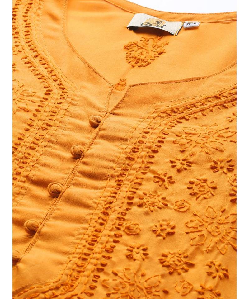 Hand Embroidered Mustard Cotton Lucknowi Chikan Women Kurta