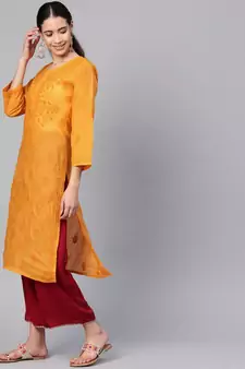 Hand Embroidered Mustard Cotton Lucknowi Chikan Women Kurta