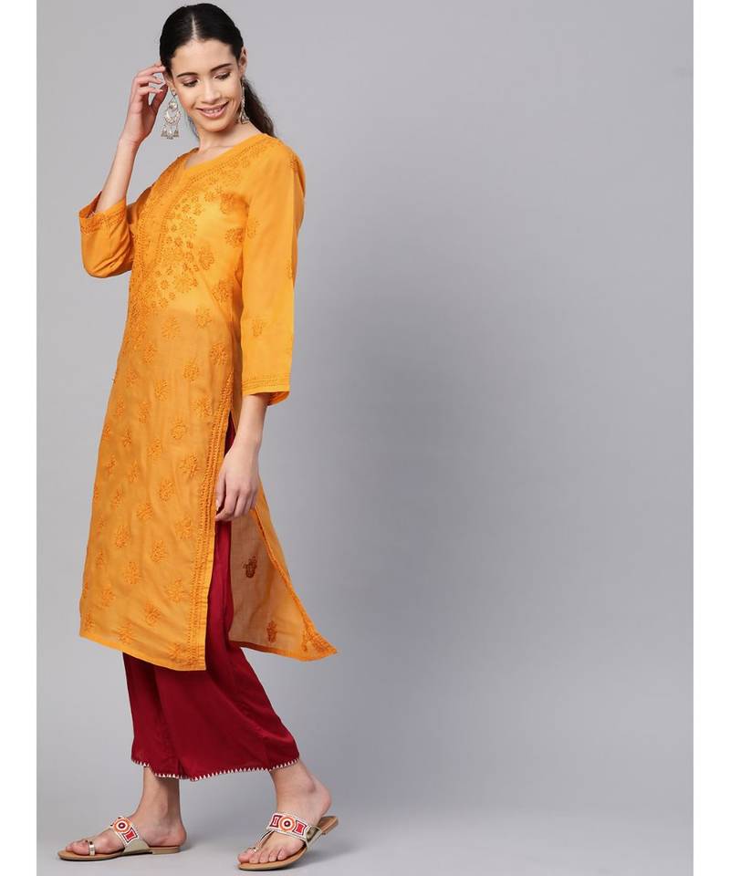 Hand Embroidered Mustard Cotton Lucknowi Chikan Women Kurta