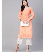Ada Hand Embroidered Peach Cotton Lucknowi Chikan Women Kurti - A100369