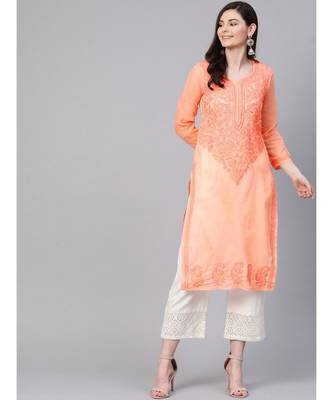 Ada Hand Embroidered Peach Cotton Lucknowi Chikan Women Kurti - A100369 2