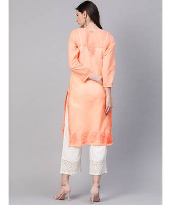 Ada Hand Embroidered Peach Cotton Lucknowi Chikan Women Kurti - A100369 3