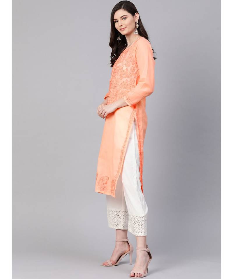 Ada Hand Embroidered Peach Cotton Lucknowi Chikan Women Kurti - A100369