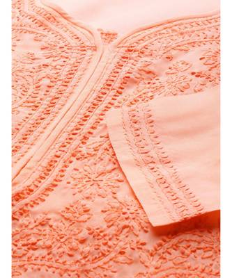 Ada Hand Embroidered Peach Cotton Lucknowi Chikan Women Kurti - A100369 5