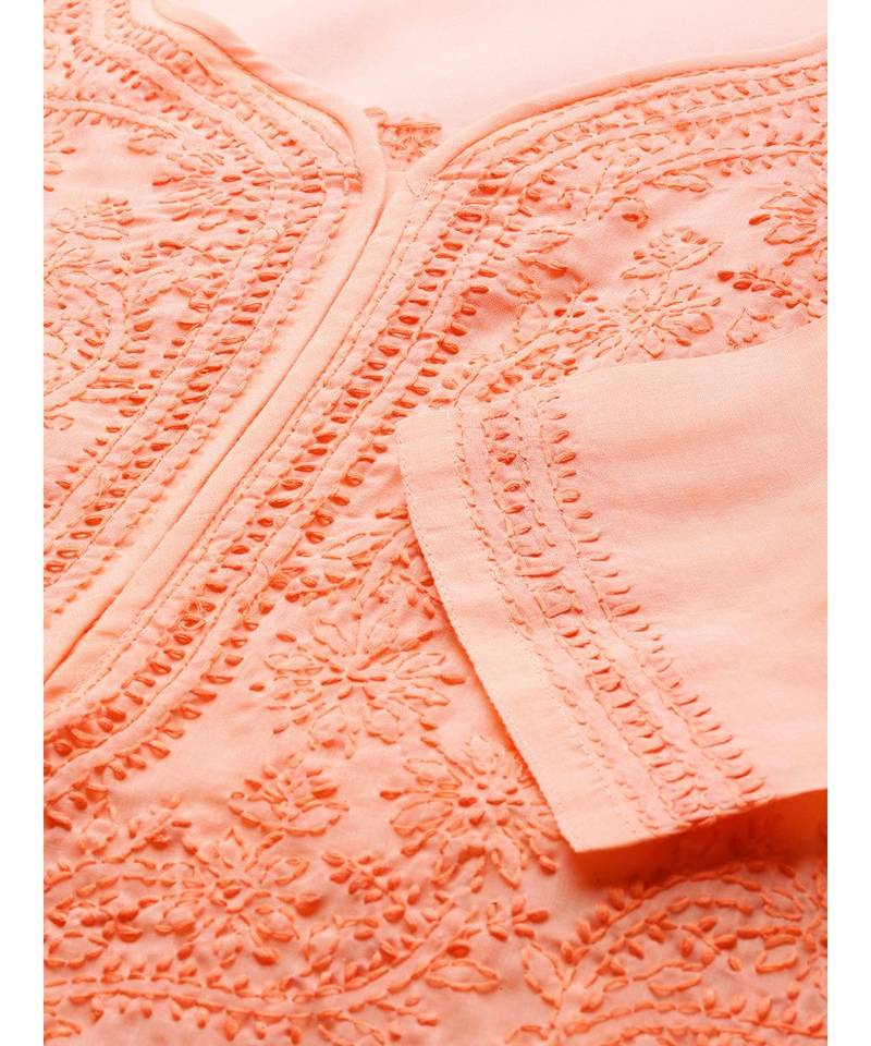 Ada Hand Embroidered Peach Cotton Lucknowi Chikan Women Kurti - A100369