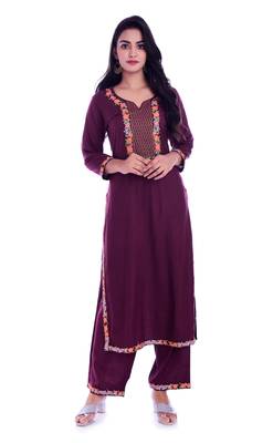 Women's Purple Rayon Embroidered Straight Kurta & Palazzo Set 1