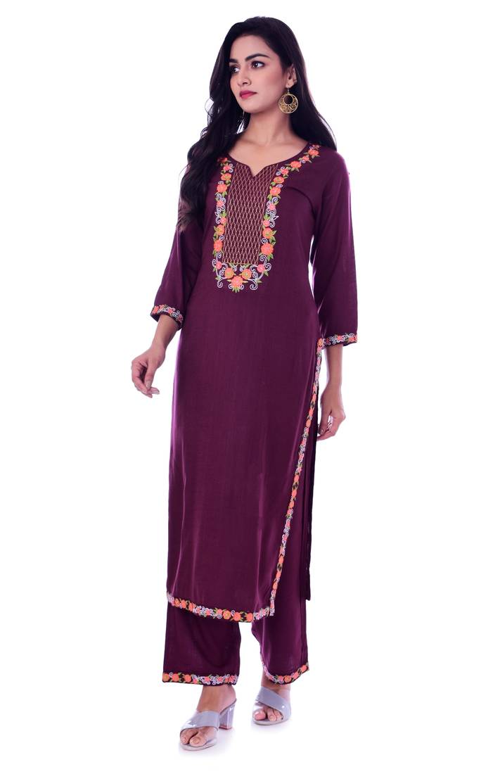 Women's Purple Rayon Embroidered Straight Kurta & Palazzo Set
