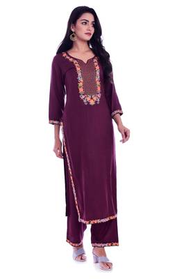 Women's Purple Rayon Embroidered Straight Kurta & Palazzo Set 3