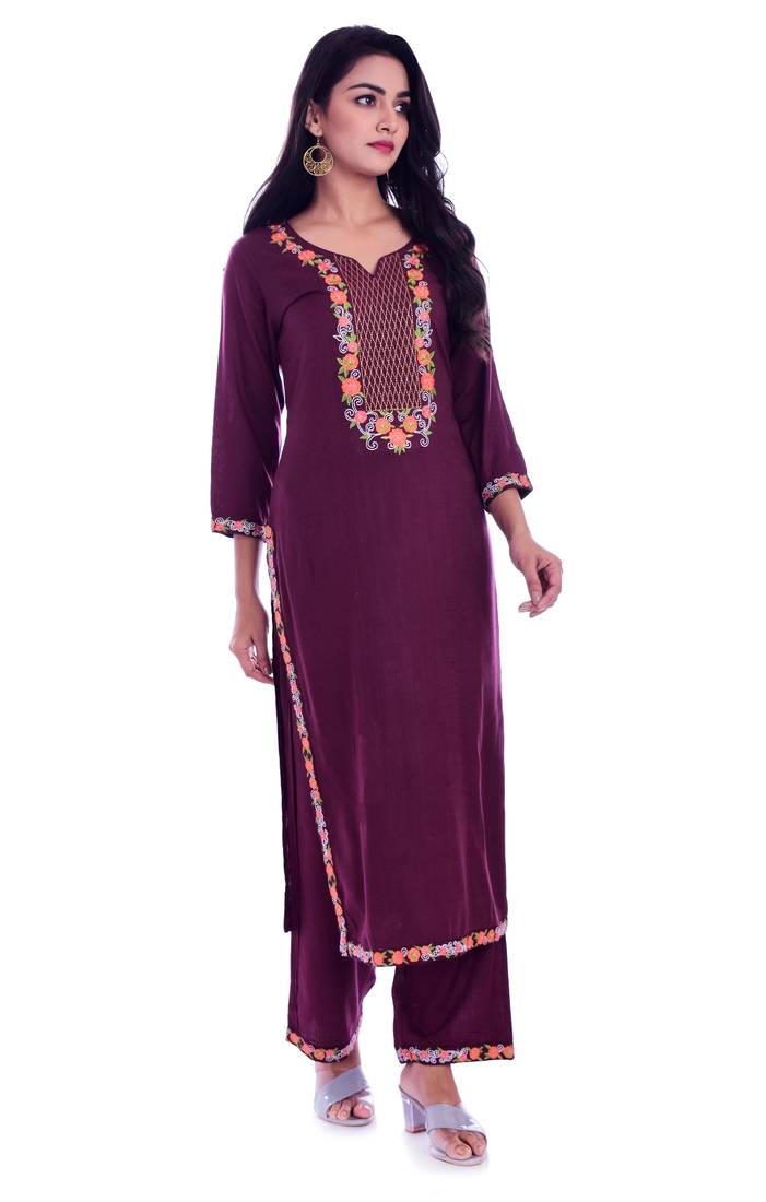 Women's Purple Rayon Embroidered Straight Kurta & Palazzo Set