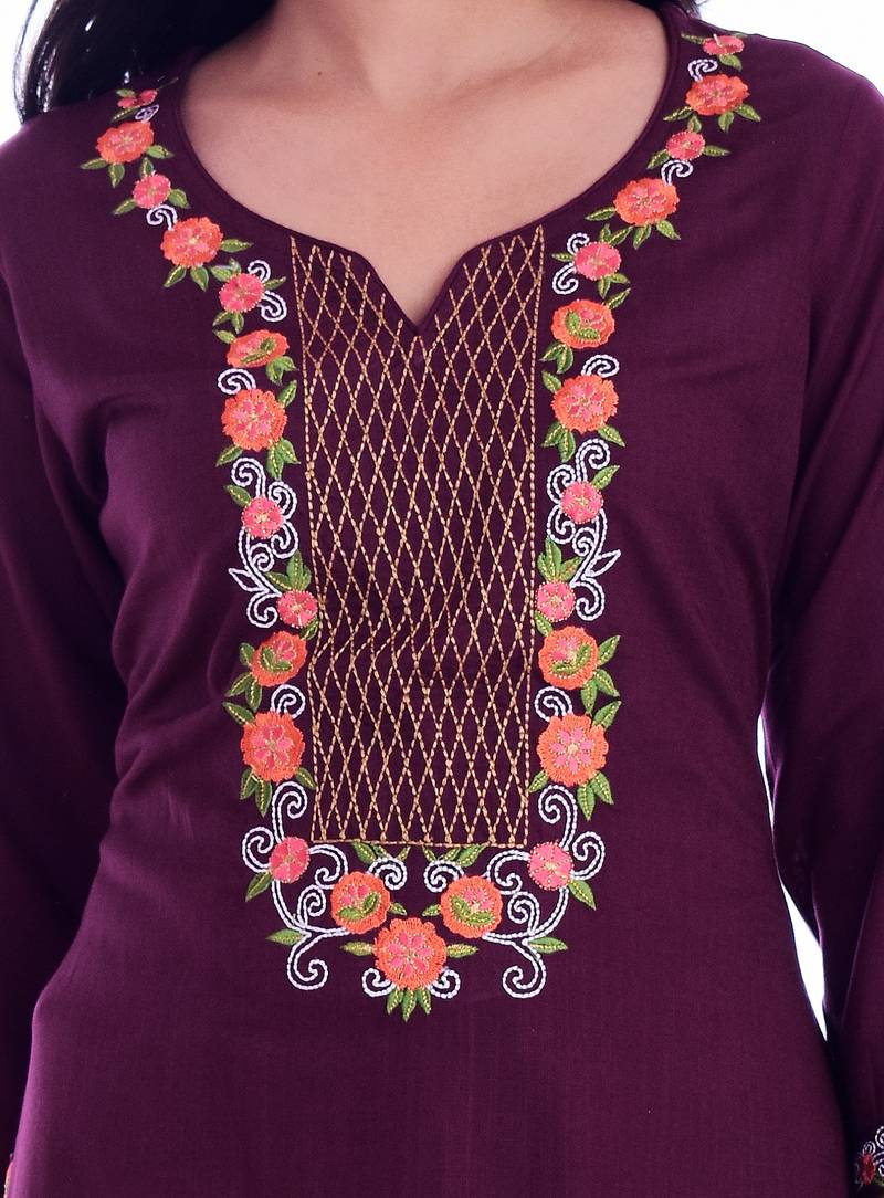 Women's Purple Rayon Embroidered Straight Kurta & Palazzo Set