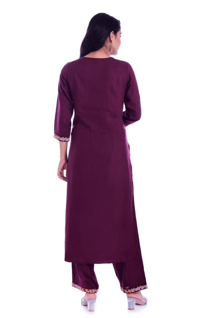 Women's Purple Rayon Embroidered Straight Kurta & Palazzo Set
