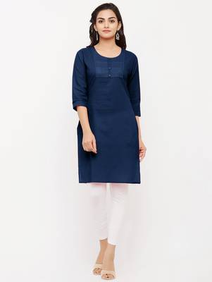 Women's  Navy Blue Cotton Embroidered Straight Kurta 1