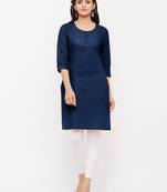 Women's  Navy Blue Cotton Embroidered Straight Kurta