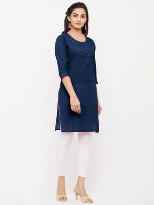 Women's  Navy Blue Cotton Embroidered Straight Kurta 2