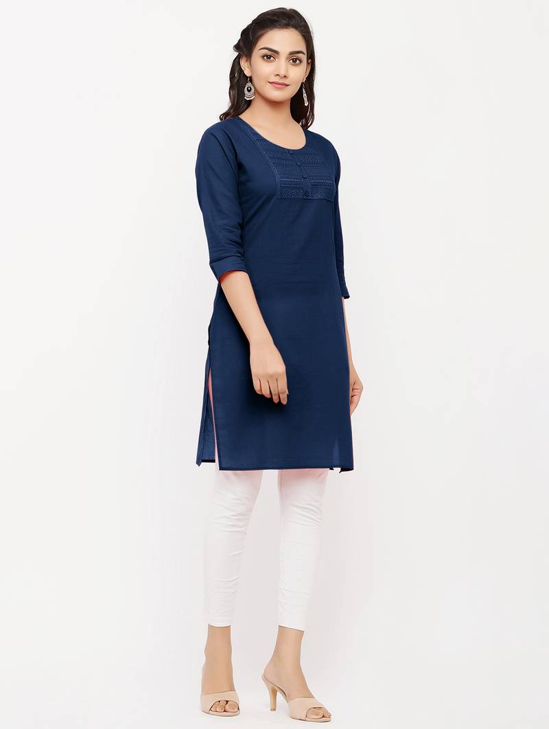 Women's  Navy Blue Cotton Embroidered Straight Kurta