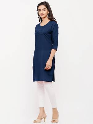 Women's  Navy Blue Cotton Embroidered Straight Kurta 3