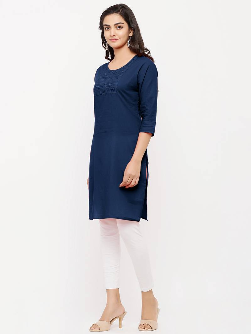 Women's  Navy Blue Cotton Embroidered Straight Kurta