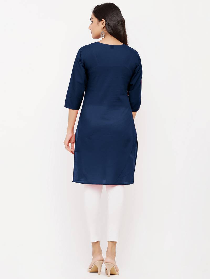 Women's  Navy Blue Cotton Embroidered Straight Kurta