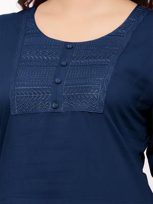 Women's  Navy Blue Cotton Embroidered Straight Kurta 5