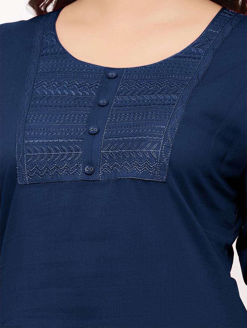 Women's  Navy Blue Cotton Embroidered Straight Kurta