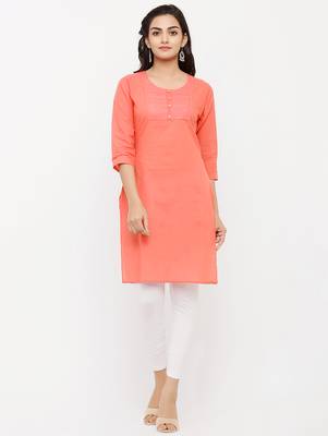 Women's  Peach Cotton Embroidered Straight Kurta 1