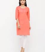 Women's  Peach Cotton Embroidered Straight Kurta