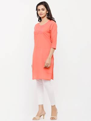 Women's  Peach Cotton Embroidered Straight Kurta 2