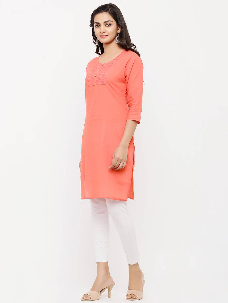 Women's  Peach Cotton Embroidered Straight Kurta