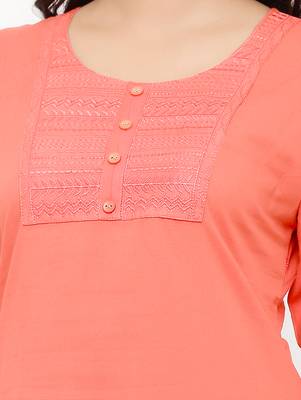 Women's  Peach Cotton Embroidered Straight Kurta 3