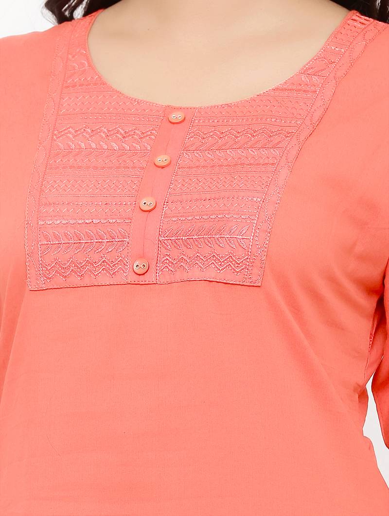 Women's  Peach Cotton Embroidered Straight Kurta