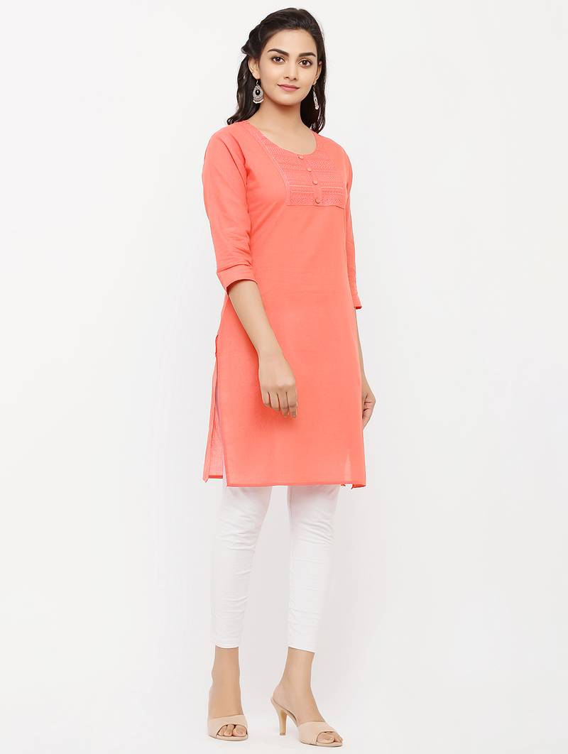 Women's  Peach Cotton Embroidered Straight Kurta