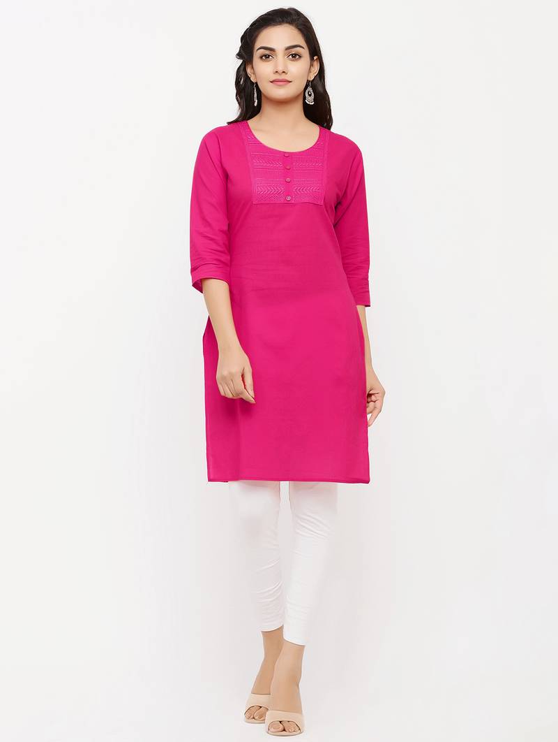Women's  PINK Cotton Embroidered Straight Kurta