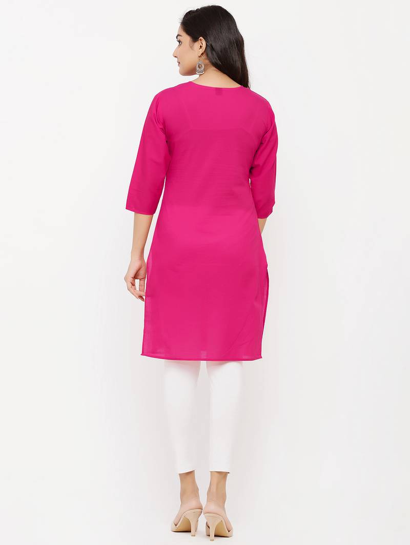 Women's  PINK Cotton Embroidered Straight Kurta
