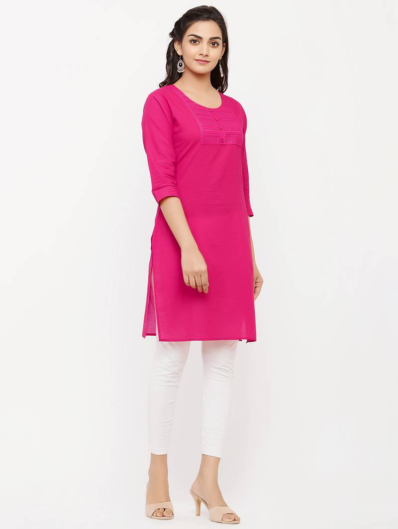 Women's  PINK Cotton Embroidered Straight Kurta