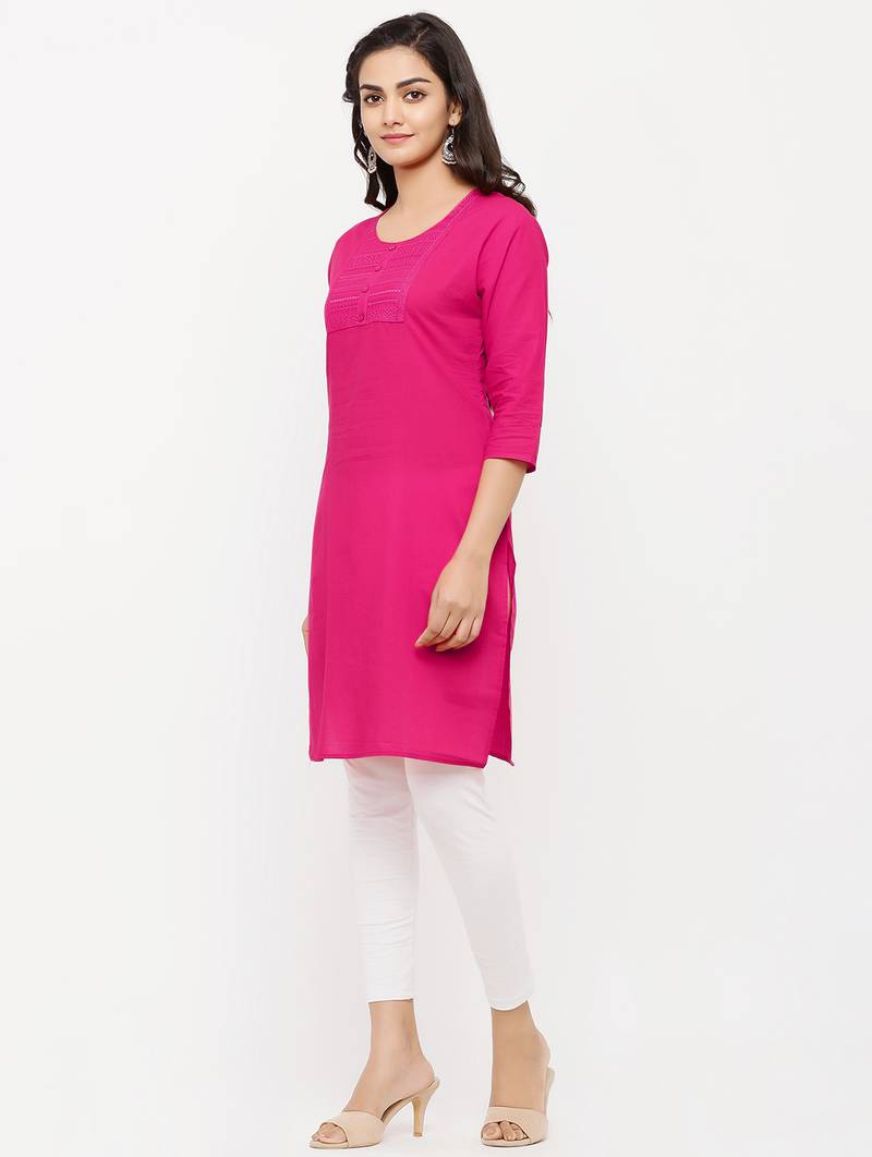 Women's  PINK Cotton Embroidered Straight Kurta