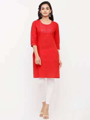 Women's  RED Cotton Embroidered Straight Kurta 1