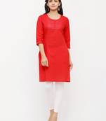 Women's  RED Cotton Embroidered Straight Kurta