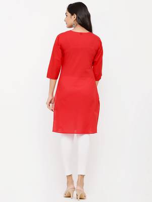 Women's  RED Cotton Embroidered Straight Kurta 2
