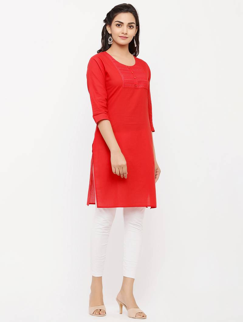 Women's  RED Cotton Embroidered Straight Kurta