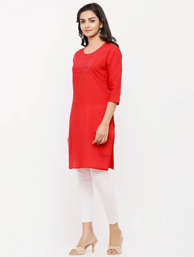 Women's  RED Cotton Embroidered Straight Kurta