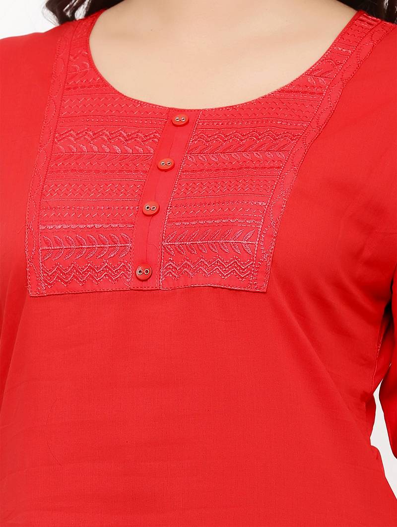 Women's  RED Cotton Embroidered Straight Kurta